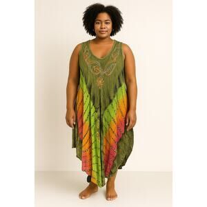 Jessica Taylor Tie Dye Boho Sleeveless Dress Green Multicolor Embroidered OS